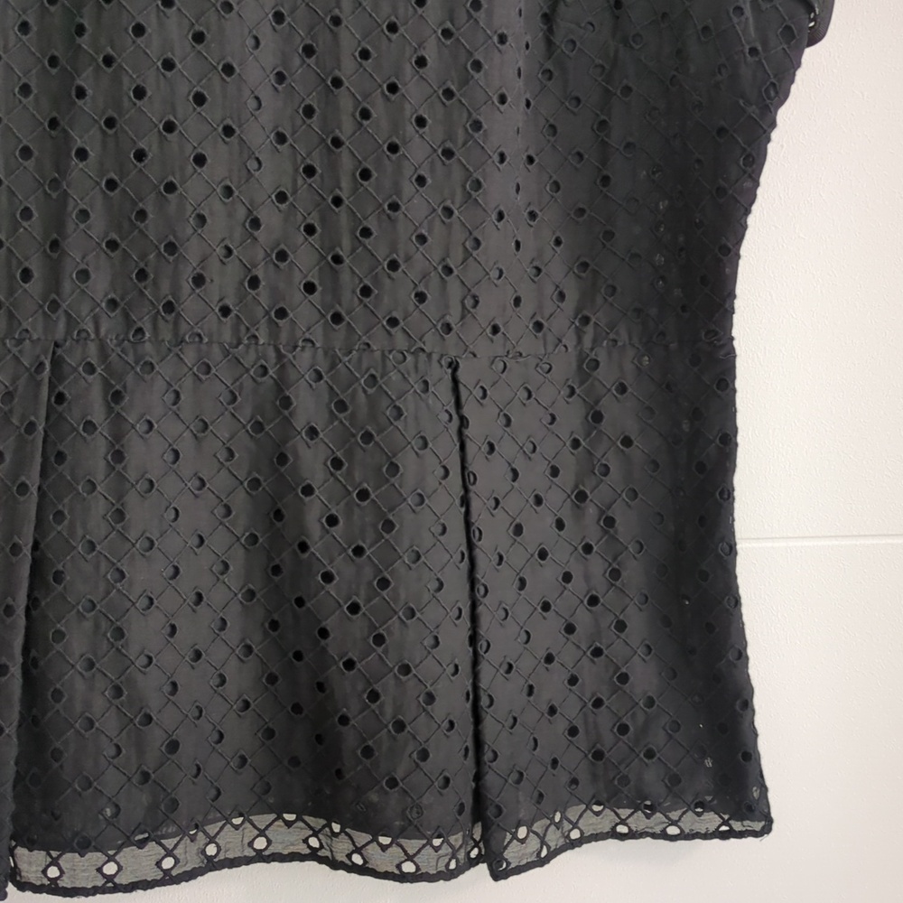 Elie Tahari Black Eyelet Short-Sleeve Peplum Top Minimalist Career Formal Sz L - Picture 3 of 7